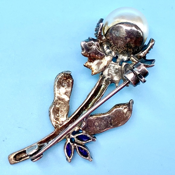 VTG 925 Pearl & Marcasite Flower Stem Silver Brooch Lapel Pin - Picture 5 of 6